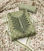 Manvaa women's green unstitched designer printed work cotton dress material