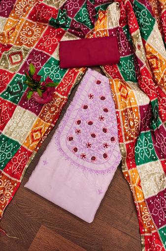 Manvaa women's purple unstitched designer multi embrodiery printed dupatta cotton dress material 
