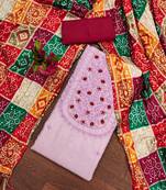 Manvaa women's purple unstitched designer multi embrodiery printed dupatta cotton dress material