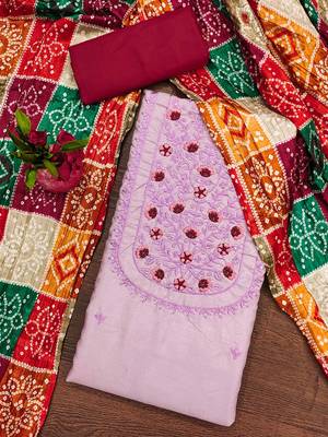 Manvaa women's purple designer multi embrodiery printed dupatta cotton dress material 3