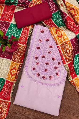 Manvaa women's purple designer multi embrodiery printed dupatta cotton dress material