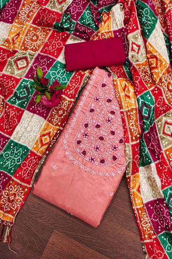 Manvaa women's peach unstitched designer multi embrodiery printed dupatta cotton dress material 