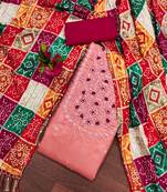 Manvaa women's peach unstitched designer multi embrodiery printed dupatta cotton dress material
