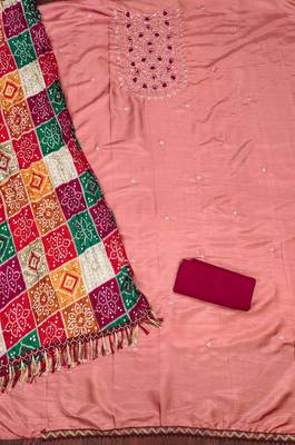 Manvaa women's peach designer multi embrodiery printed dupatta cotton dress material 2