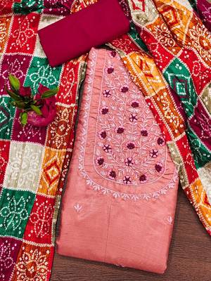 Manvaa women's peach designer multi embrodiery printed dupatta cotton dress material 3