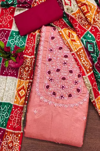 Manvaa women's peach designer multi embrodiery printed dupatta cotton dress material