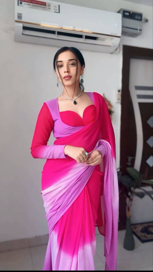 Pure Georgette Fabric Padding Print Ready To Wear Saree With Un-Stitched Blouse