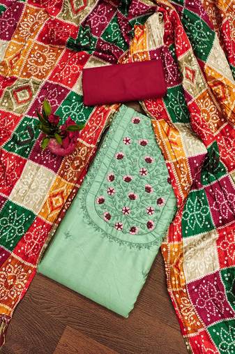 Manvaa women's light green unstitched designer multi embrodiery printed dupatta cotton dress material 
