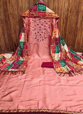 Manvaa women's peach designer multi embrodiery printed dupatta cotton dress material 5