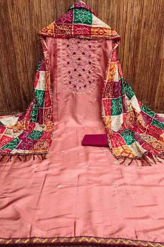 Manvaa women's peach designer multi embrodiery printed dupatta cotton dress material