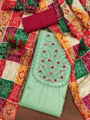 Manvaa women's light green designer multi embrodiery printed dupatta cotton dress material 3