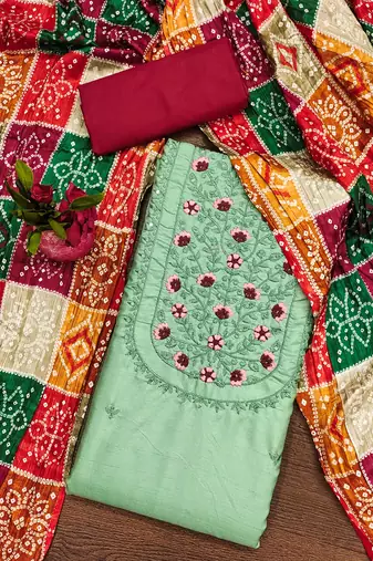 Manvaa women's light green designer multi embrodiery printed dupatta cotton dress material
