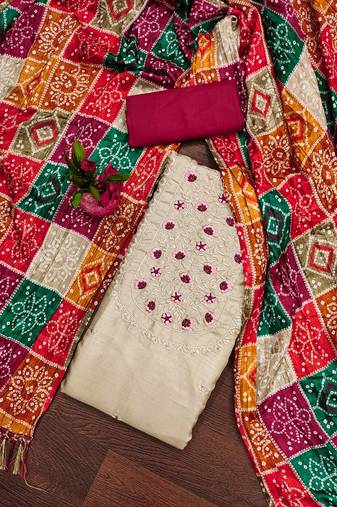 Manvaa women's beige unstitched designer multi embrodiery printed dupatta cotton dress material 