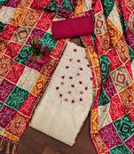Manvaa women's beige unstitched designer multi embrodiery printed dupatta cotton dress material