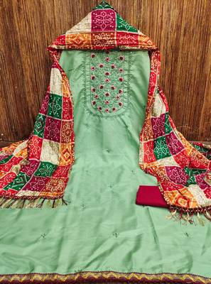 Manvaa women's light green designer multi embrodiery printed dupatta cotton dress material 5