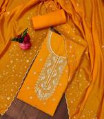 Manvaa women's yellow unstitched heavy sequence embroidered dupatta work vichitra cotton dress material 