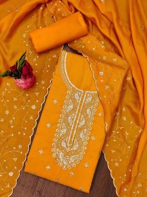 Manvaa women's yellow heavy sequence embroidered dupatta work vichitra cotton dress material 3