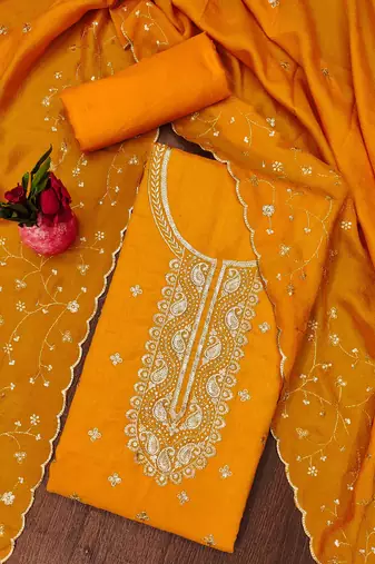 Manvaa women's yellow heavy sequence embroidered dupatta work vichitra cotton dress material