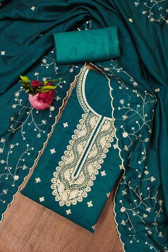 Manvaa women's teal blue unstitched heavy sequence embrodiery vichitra cotton dress material 