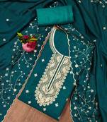 Manvaa women's teal blue heavy sequence embrodiery vichitra cotton dress material