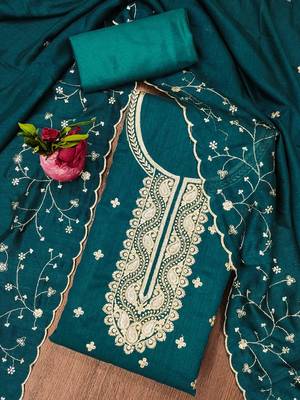Manvaa women's teal blue heavy sequence embrodiery vichitra cotton dress material 3