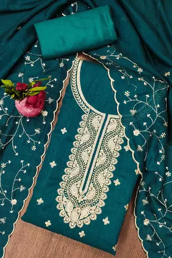 Manvaa women's teal blue heavy sequence embrodiery vichitra cotton dress material