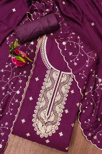 Manvaa women's purple heavy sequence embrodiery vichitra cotton dress material
