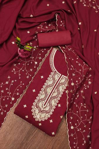 Manvaa women's maroon unstitched heavy sequence embrodiery vichitra cotton dress material 