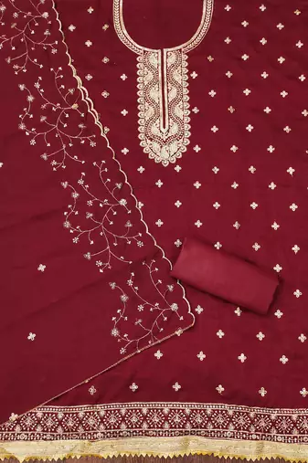 Manvaa women's maroon heavy sequence embrodiery vichitra cotton dress material