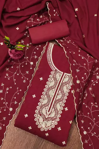 Manvaa women's maroon heavy sequence embrodiery vichitra cotton dress material