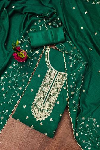 Manvaa women's green unstitched heavy sequence embrodiery dupatta work vichitra cotton dress material 