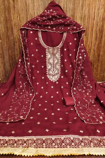 Manvaa women's maroon heavy sequence embrodiery vichitra cotton dress material