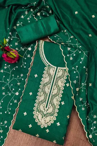 Manvaa women's green heavy sequence embrodiery dupatta work vichitra cotton dress material