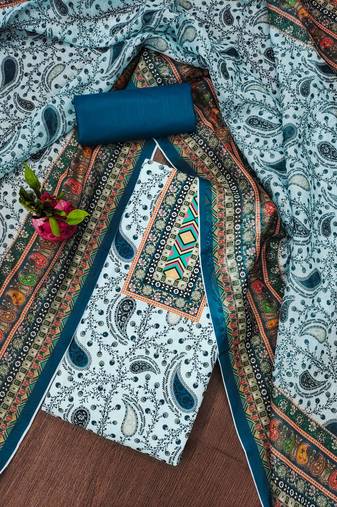 Manvaa women's multi unstitched designer printed work dupatta slub cotton dress material 