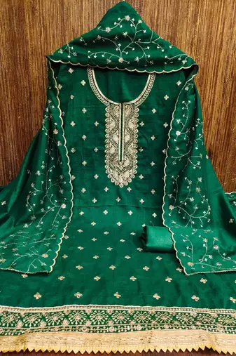 Manvaa women's green heavy sequence embrodiery dupatta work vichitra cotton dress material