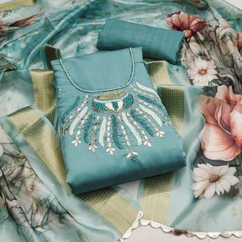 Teal Premium Roman silk blend Unstitched Dress Material 2