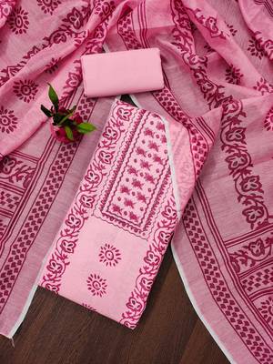 Manvaa women's pink fancy print work slub cotton dress material 1