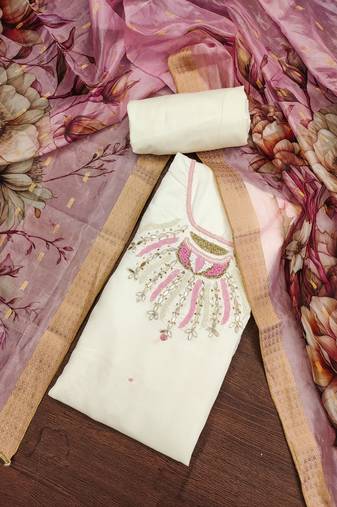 White Premium Roman silk blend Unstitched Dress Material