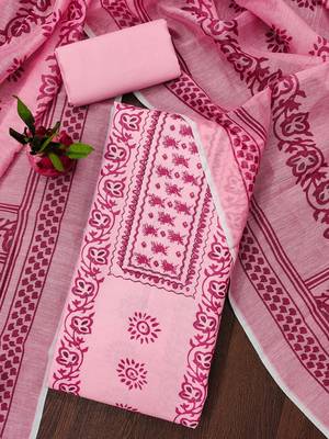 Manvaa women's pink fancy print work slub cotton dress material 3
