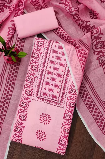 Manvaa women's pink fancy print work slub cotton dress material