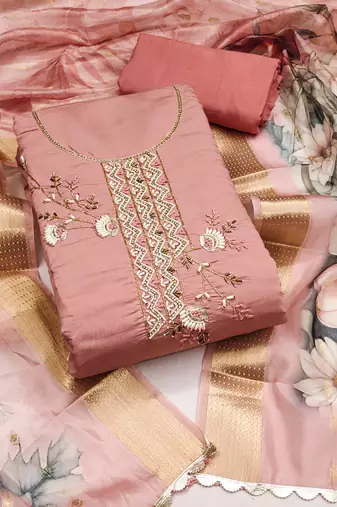 Peach Premium Roman silk blend Unstitched Dress Material