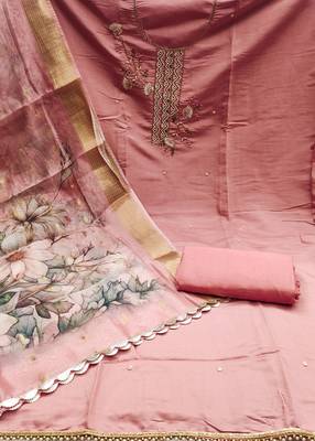 Peach Premium Roman silk blend Unstitched Dress Material 3
