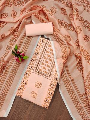 Manvaa women's peach fancy print work cotton dress material 1