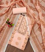 Manvaa women's peach unstitched fancy print work cotton dress material