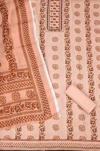 Manvaa women's peach fancy print work cotton dress material