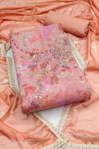 Peach Cambric Printed Unstitched Dress Material