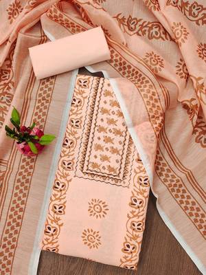 Manvaa women's peach fancy print work cotton dress material 3