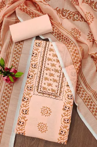 Manvaa women's peach fancy print work cotton dress material