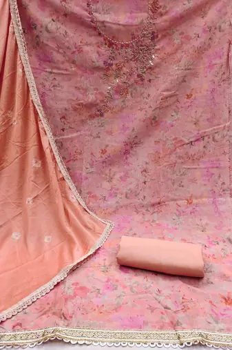 Peach Cambric Printed Unstitched Dress Material