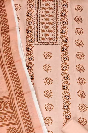 Manvaa women's peach fancy print work cotton dress material